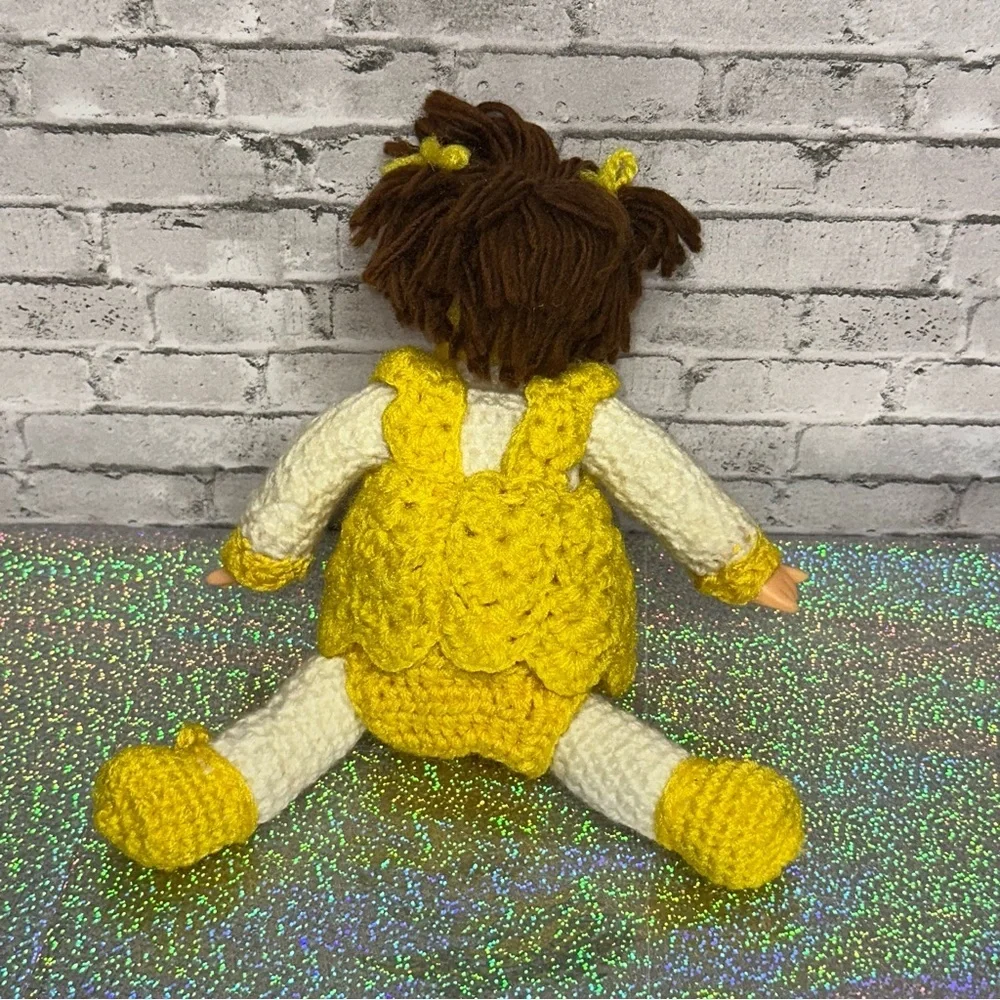 Vintage Hand Crochet Doll with Knitted Yellow Dress 11in Tall Yellow White